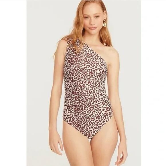 New J. Crew Leopard Print One Shoulder Ruched One-Piece Swim Bathing Suit Size 2 - Picture 1 of 8